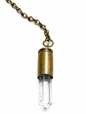 Vintage Brass Bullet Shell Quartz Crystal Point Pendant Necklace
